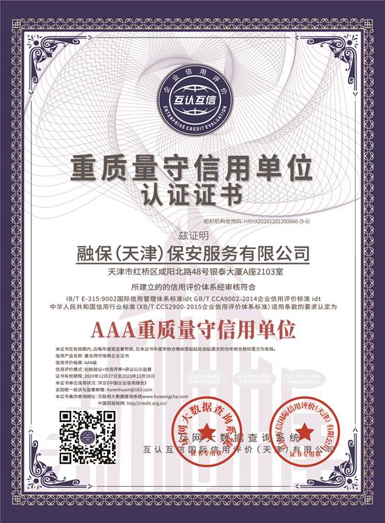 重質量守信用單位認證證書